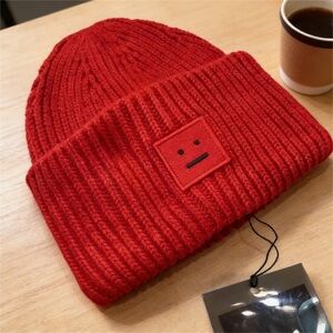 Acne Studios Red Ribbed Knit Beanie with Face Patch